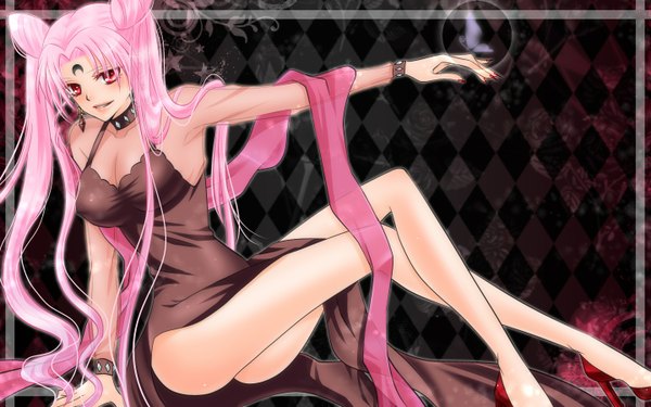 Anime picture 1440x900 with bishoujo senshi sailor moon toei animation chibiusa black lady miuhyou (artist) single long hair looking at viewer light erotic smile red eyes wide image twintails pink hair legs crossed legs facial mark crescent forehead mark rhombus