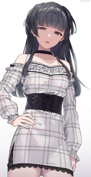 Anime picture 1000x1940 with idolmaster idolmaster shiny colors mayuzumi fuyuko takeko spla single long hair tall image looking at viewer fringe open mouth black hair simple background standing white background bare shoulders brown eyes blunt bangs from below hand on hip lacing