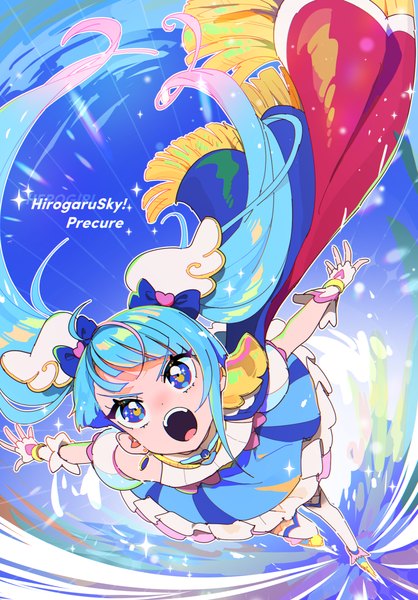 Anime picture 909x1306 with precure hirogaru sky! precure toei animation sora harewataru cure sky o4ritarou single long hair tall image open mouth blue eyes twintails blue hair looking away full body copyright name spread arms magical girl screaming girl