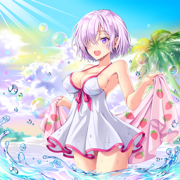 イラスト 820x820 と Fateシリーズ fate/grand order マシュ・キリエライト 常夏の水着 uchuu gorira ソロ 赤面 前髪 短い髪 おっぱい 開いた口 light erotic 笑顔 大きな乳房 立つ 紫目 肩出し holding looking away ピンク髪