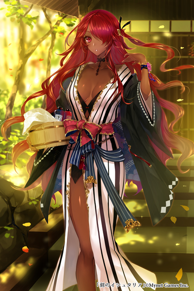 Anime picture 1924x2888 with age of ishtaria mordred (age of ishtaria) ut (apt) single long hair tall image fringe highres breasts light erotic red eyes standing red hair traditional clothes parted lips japanese clothes sunlight hair over one eye wide sleeves official art