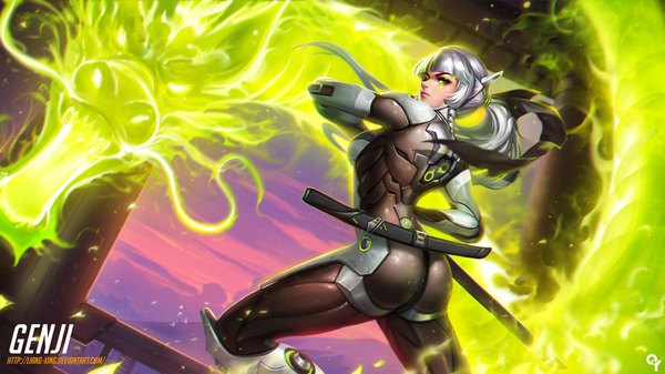 Anime picture 1500x844 with overwatch blizzard entertainment genji (overwatch) liang xing single long hair fringe light erotic wide image green eyes signed silver hair bent knee (knees) ass ponytail blunt bangs looking back from behind realistic dutch angle