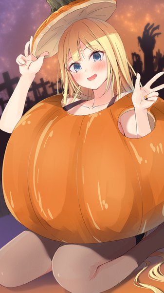 Anime picture 736x1310 with virtual youtuber hololive hololive english watson amelia mirai (macharge) single tall image blush open mouth blue eyes blonde hair sitting very long hair :d wariza victory halloween girl cross vegetables