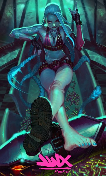 Anime picture 1754x2907 with league of legends jinx (league of legends) happykwak single tall image looking at viewer highres smile red eyes sitting bare shoulders blue hair braid (braids) very long hair nail polish barefoot tattoo underwater girl gloves