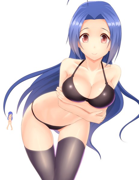 Anime picture 1500x1944 with idolmaster kisaragi chihaya miura azusa taka (takahirokun) long hair tall image looking at viewer breasts light erotic simple background red eyes white background multiple girls cleavage purple hair ahoge eyes closed bare belly leaning leaning forward