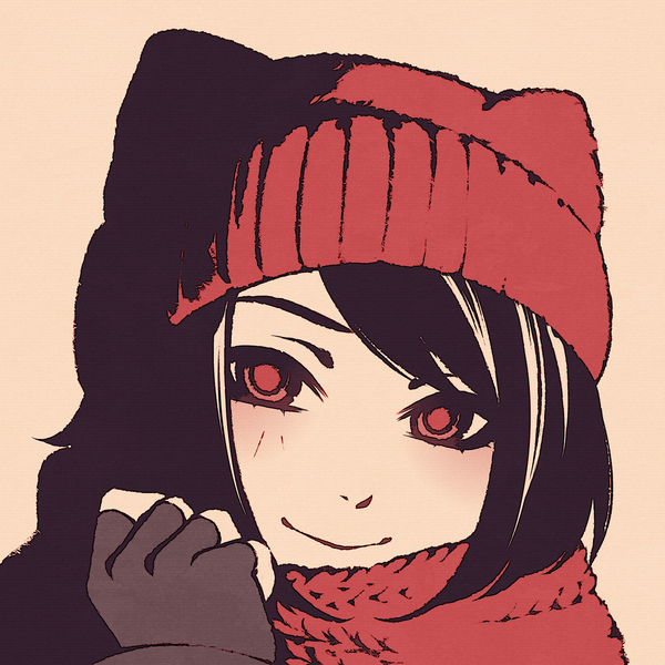 Anime picture 1080x1080 with original moshimoshibe single looking at viewer blush fringe short hair black hair simple background smile red eyes arm up portrait polychromatic girl gloves black gloves scarf fingerless gloves cap