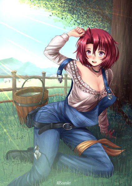 Anime picture 1240x1754 with goblin slayer! cow girl (goblin slayer!) adsouto single tall image looking at viewer blush fringe short hair breasts open mouth light erotic hair between eyes large breasts sitting purple eyes signed sky cleavage ahoge