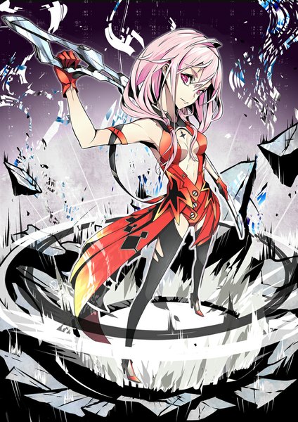 Anime picture 744x1052 with guilty crown production i.g yuzuriha inori firecel single long hair tall image looking at viewer fringe breasts standing bare shoulders pink hair pink eyes center opening destruction girl thighhighs gloves weapon