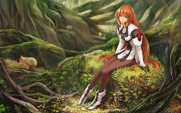 Anime picture 1280x800 with xenogears elhaym van houten guchico single long hair blue eyes wide image sitting red hair girl gloves plant (plants) grass roots