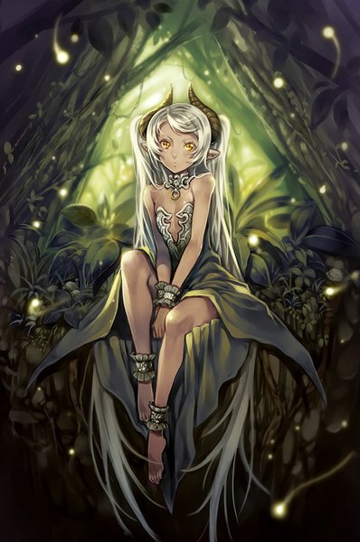 Anime picture 712x1072 with original hagure keg single tall image looking at viewer sitting bare shoulders yellow eyes silver hair bent knee (knees) very long hair barefoot horn (horns) pointy ears bare legs no shoes girl dress plant (plants) choker