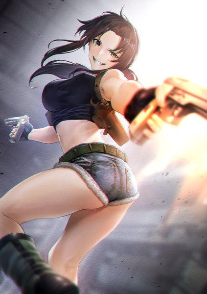 Anime picture 1326x1879 with black lagoon madhouse revy (black lagoon) mugetsu2501 single long hair tall image looking at viewer fringe breasts smile brown hair large breasts holding yellow eyes payot ass ponytail blurry midriff
