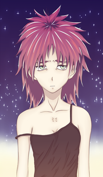 Anime picture 600x1021 with darker than black studio bones havoc kaza-mori single tall image short hair bare shoulders green eyes looking away red hair strap slip sad messy hair girl star (stars)