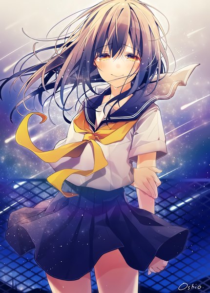 Anime picture 2296x3200 with original oshio (dayo) single long hair tall image looking at viewer blush fringe highres black hair smile hair between eyes standing brown eyes signed outdoors pleated skirt wind night tears