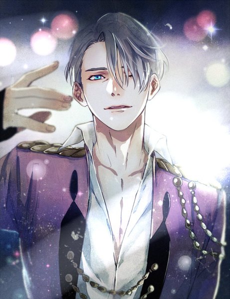 Anime picture 692x900 with yuri!!! on ice mappa viktor nikiforov saito yukihiro single tall image looking at viewer fringe short hair open mouth blue eyes silver hair upper body one eye closed fingernails hair over one eye sparkle partially open clothes boy epaulettes