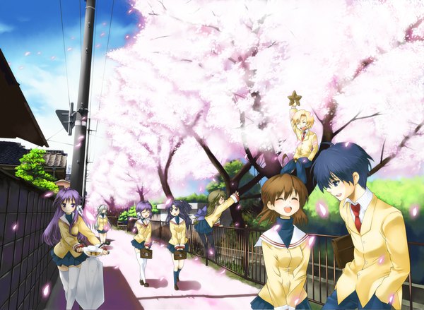 Anime picture 2000x1464 with clannad key (studio) furukawa nagisa fujibayashi kyou sakagami tomoyo ibuki fuuko ichinose kotomi fujibayashi ryou okazaki tomoya sunohara youhei highres