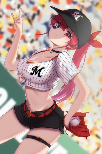Anime picture 2191x3310 with virtual youtuber hololive nippon professional baseball chiba lotte marines houshou marine shooot108 single long hair tall image looking at viewer fringe highres breasts light erotic hair between eyes red eyes large breasts ponytail red hair short sleeves