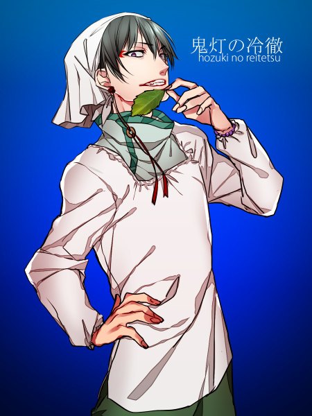 Anime picture 900x1200 with hoozuki no reitetsu wit studio hakutaku (hoozuki no reitetsu) single tall image looking at viewer short hair black hair simple background holding grey hair tattoo hand on hip blue background face paint boy earrings leaf (leaves) headscarf