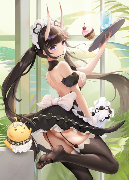 Anime picture 1350x1890 with azur lane manjuu (azur lane) noshiro (azur lane) noshiro (hold the ice) (azur lane) liu liaoliao single long hair tall image looking at viewer blush fringe breasts open mouth light erotic black hair large breasts standing purple eyes twintails holding