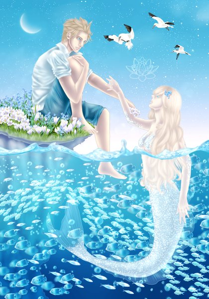 Anime picture 2480x3543 with axis powers hetalia studio deen denmark (hetalia) yaroslavapanina long hair tall image highres short hair blue eyes blonde hair sitting sky barefoot hair flower aqua eyes couple outstretched arm holding hands underwater crescent