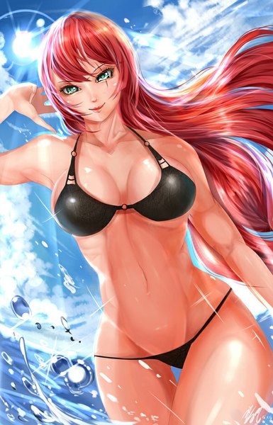 Anime picture 600x933 with league of legends katarina (league of legends) cksl62 (harmonics) single long hair tall image fringe breasts light erotic smile large breasts green eyes red hair sunlight bare belly midriff groin scar girl swimsuit