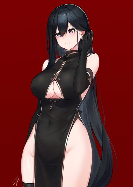 Anime picture 1042x1461 with original classy-black-haired girl (hayabusa) hayabusa single long hair tall image blush fringe breasts light erotic black hair hair between eyes large breasts standing purple eyes bare shoulders signed looking away traditional clothes arm up