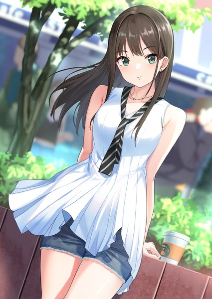 Anime picture 900x1271 with idolmaster idolmaster cinderella girls shibuya rin tamakaga long hair tall image looking at viewer blush fringe smile brown hair standing bare shoulders green eyes payot outdoors head tilt blurry arm support depth of field