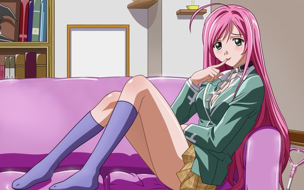 Anime picture 2560x1600 with rosario+vampire akashiya moka single long hair looking at viewer blush highres light erotic sitting green eyes pink hair ahoge bent knee (knees) indoors pleated skirt no shoes finger to mouth girl skirt uniform