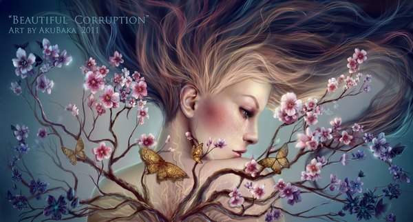 Anime picture 1280x689 with original akubaka single long hair blue eyes simple background brown hair wide image bare shoulders profile lips realistic inscription freckles girl flower (flowers) insect butterfly branch