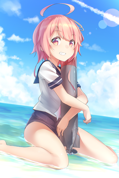 Anime picture 1311x1951 with kantai collection i-58 submarine ninnzinn single long hair tall image looking at viewer sitting pink hair sky cloud (clouds) ahoge pink eyes grin wariza horizon girl hair ornament swimsuit water