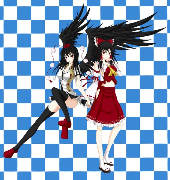 Anime picture 2000x2114 with touhou hakurei reimu shameimaru aya gmot long hair tall image blush highres black hair red eyes multiple girls holding hands miko black wings checkered background girl thighhighs skirt bow black thighhighs