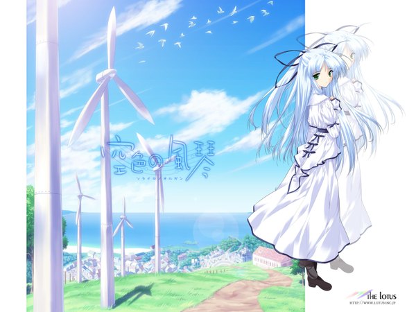 Anime picture 1600x1200 with white hair soft beauty girl animal bird (birds) wind turbine
