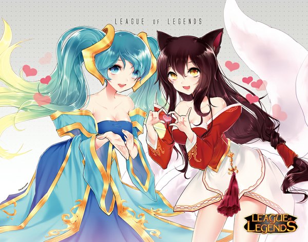 Anime picture 1000x786 with league of legends ahri (league of legends) sona buvelle long hair looking at viewer open mouth blue eyes black hair smile twintails multiple girls animal ears yellow eyes multicolored hair multiple tails girl 2 girls