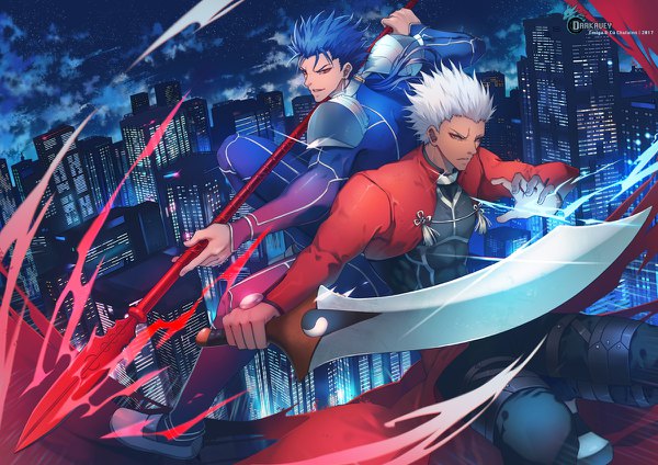 Anime-Bild 1200x848 mit fate (series) fate/stay night archer (fate) cu chulainn (fate) darkavey long hair short hair red eyes signed blue hair silver hair night multiple boys dark skin city low ponytail cityscape city lights boy weapon