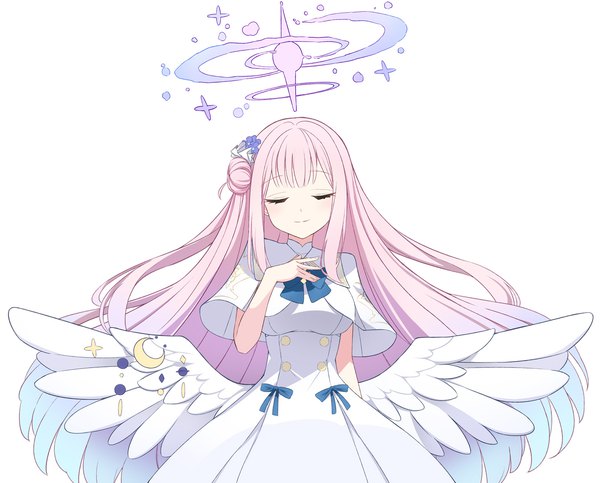 Anime picture 1540x1240 with blue archive mika (blue archive) rururiiro single simple background smile white background pink hair eyes closed very long hair light smile hair bun (hair buns) hand on chest gradient hair white wings low wings girl dress wings white dress