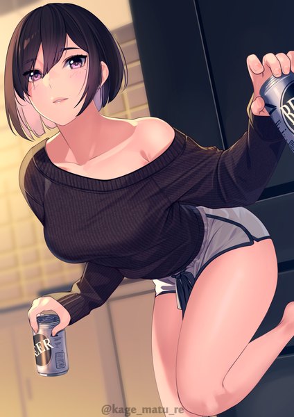 Anime picture 1736x2456 with original kagematsuri single tall image looking at viewer blush fringe highres short hair black hair hair between eyes standing purple eyes holding signed indoors long sleeves parted lips off shoulder mole