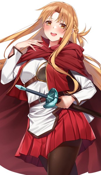 Anime picture 2301x3991 with sword art online sword art online progressive a-1 pictures yuuki asuna hachiroku (hatirokusann86) single long hair tall image looking at viewer blush highres open mouth simple background white background :d pleated skirt orange hair orange eyes half updo sheathed