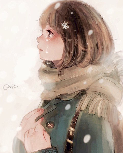 Anime picture 1177x1460 with original orie h single tall image blush fringe short hair simple background brown hair white background brown eyes signed looking away upper body blunt bangs parted lips profile tears hand on chest snowing