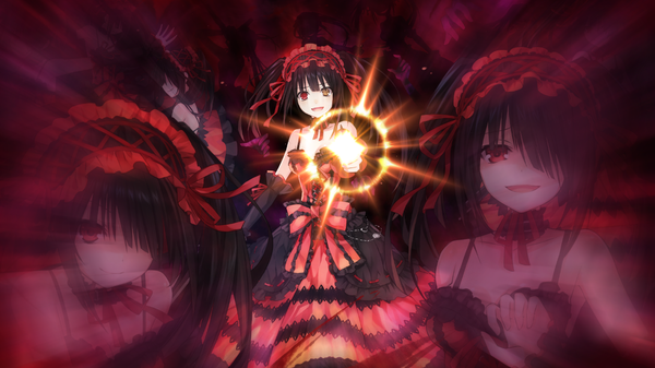 Anime picture 1280x720 with date a live tokisaki kurumi tsunako single long hair looking at viewer fringe open mouth black hair smile red eyes wide image bare shoulders game cg hair over one eye official art heterochromia lolita fashion zoom layer girl