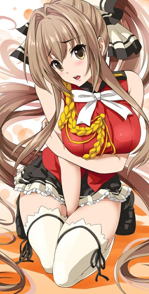 Anime picture 507x1000 with amagi brilliant park kyoto animation sento isuzu tyone single long hair tall image blush fringe breasts open mouth light erotic brown hair large breasts standing bare shoulders brown eyes ponytail pleated skirt embarrassed