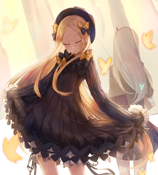 Anime picture 2591x2864 with fate (series) fate/grand order abigail williams (fate) lavinia whateley (fate/grand order) eisuto long hair tall image blush fringe highres simple background blonde hair smile standing multiple girls silver hair from behind dress lift transparent hands in sleeves