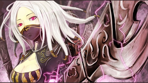 Anime picture 1920x1080 with league of legends irelia (league of legends) beanbean1988 single long hair looking at viewer highres breasts light erotic wide image cleavage pink eyes from below girl hair ornament weapon armor mask huge weapon