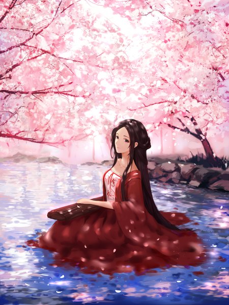 Anime picture 3000x4000 with original an yasuri single long hair tall image looking at viewer highres black hair sitting brown eyes payot full body light smile blurry wide sleeves sparkle cherry blossoms playing instrument spring girl
