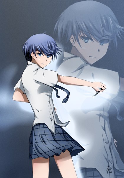 Anime picture 1240x1772 with akuma no riddle azuma tokaku single tall image short hair blue eyes blue hair zoom layer girl skirt shirt knife