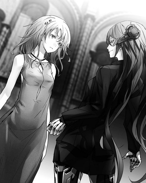 Anime picture 800x1000 with beatless leicia method redjuice long hair tall image fringe breasts smile standing multiple girls from behind sleeveless monochrome eye contact girl dress hair ornament 2 girls hairclip
