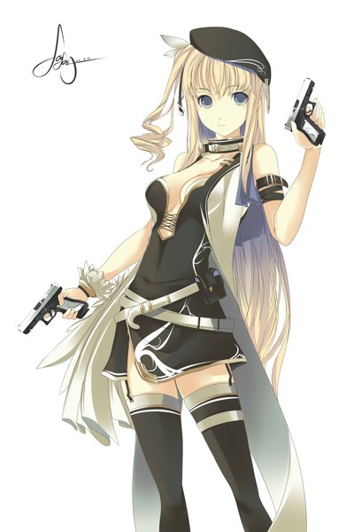 Anime picture 3000x4500 with original faefaea single long hair tall image looking at viewer highres blue eyes blonde hair white background girl thighhighs weapon black thighhighs gun beret