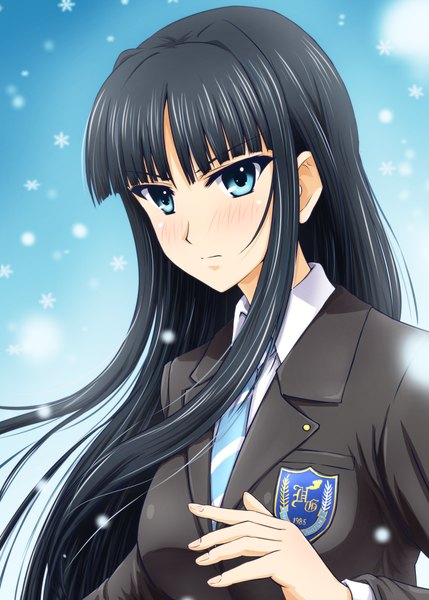 Anime picture 755x1056 with white album 2 touma kazusa diesel-turbo single long hair tall image looking at viewer blush blue eyes black hair girl uniform school uniform snowflake (snowflakes) emblem