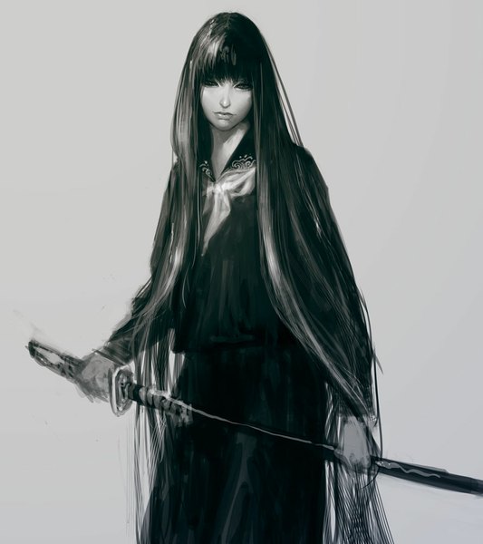 Anime picture 888x1000 with original ikeda masateru single long hair tall image fringe black hair simple background holding very long hair grey background monochrome pale skin girl uniform weapon sword serafuku katana