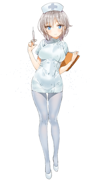 Anime picture 635x1080 with idolmaster idolmaster cinderella girls anastasia (idolmaster) mx2j (nsh6394) single tall image looking at viewer blush short hair blue eyes simple background white background silver hair midriff covered navel nurse girl dress uniform pantyhose