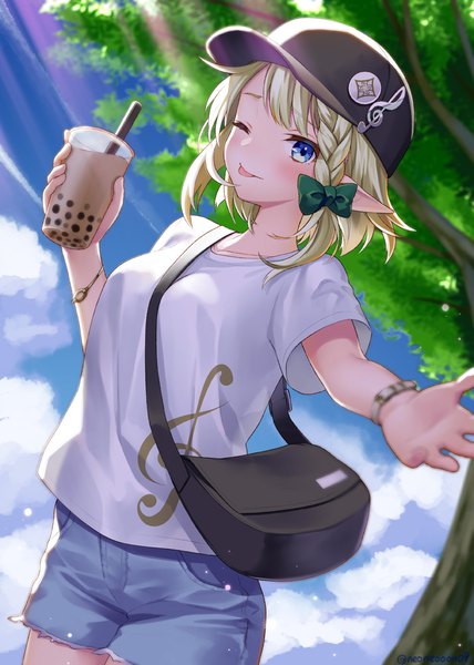 Anime picture 713x1000 with virtual youtuber aria project 2.0 senjou aria geroro single tall image looking at viewer blush fringe short hair blue eyes blonde hair smile standing holding signed payot sky cloud (clouds) outdoors