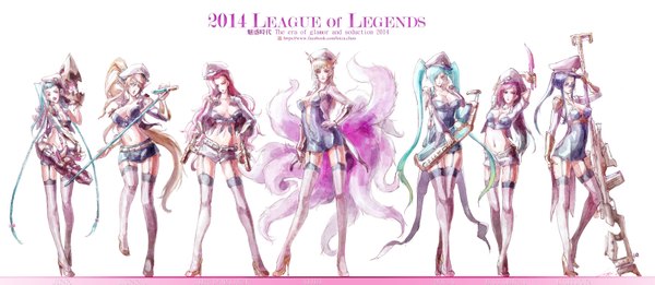 Anime picture 3500x1526 with league of legends ahri (league of legends) sona buvelle jinx (league of legends) katarina (league of legends) caitlyn (league of legends) miss fortune (league of legends) janna windforce popstar ahri (league of legends) loiza long hair looking at viewer highres breasts blue eyes light erotic blonde hair simple background wide image large breasts